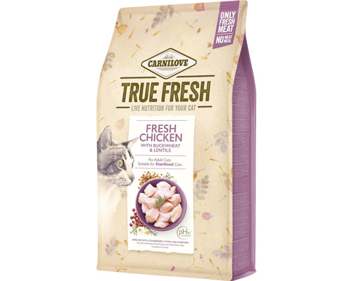 Granule pre mačky Carnilove True Fresh Chicken 340 g Carnilove True Fresh krmivo pre mačky s čerstvým kuracím mäsom, pohánkou a šošovicou pre dospelé a sterilizované mačky