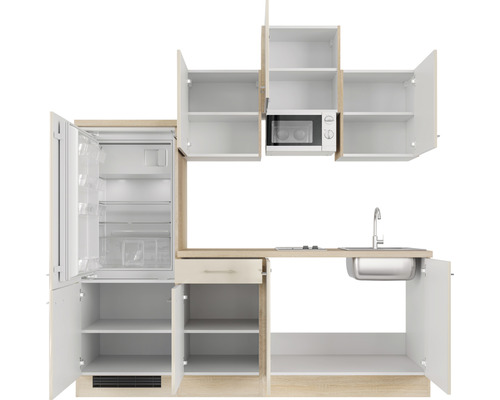 Kuchynská linka s chladničkou, umývadlom, mikrovlnnou rúrou a úložným priestorom