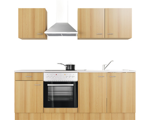 Kuchynská linka s drezom, sporákom, rúrou, digestorom a závesnými skrinkami