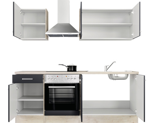 Kuchynská linka s drezom, sporákom, rúrou, odsávačom pár a závesnými skrinkami