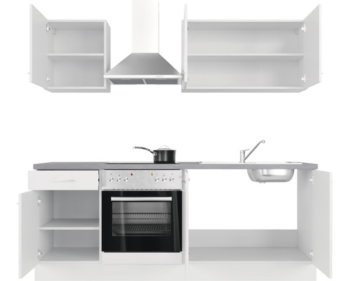 Kuchynská linka so skrinkami, drezom, sporákom, rúrou a digestorom