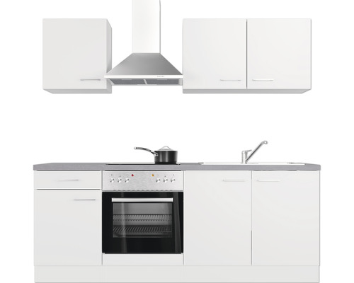 Kuchynská linka s drezom, sporákom, rúrou, digestorom a hornými skrinkami