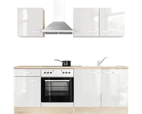 Kompletná kuchynská linka s bielymi skrinkami, varnou doskou, rúrou a odsávačom pár