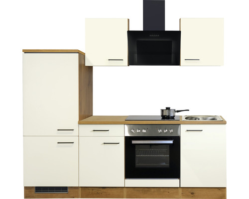 Kuchynská linka s hornými skrinkami, digestorom, sporákom, drezom a chladničkou