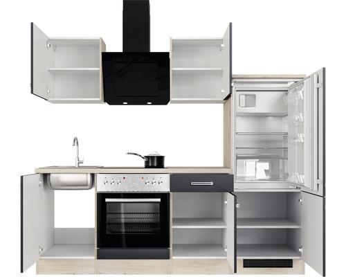 Kuchynská linka s drezom, sporákom, digestorom a chladničkou