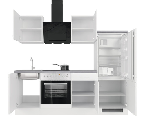 Kuchynská linka s drezom, sporákom, digestorom a chladničkou