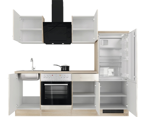 Kuchynská linka s umývadlom, sporákom, digestorom a chladničkou