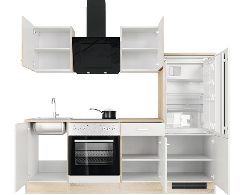 Kompletná kuchynská linka s drezom, varnou doskou, rúrou, digestorom, chladničkou a skrinkami