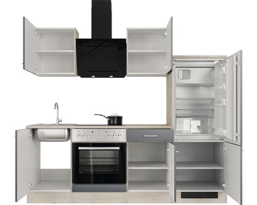 Kuchynská linka s drezom, sporákom, chladničkou a odsávačom pár