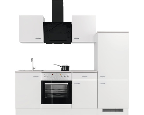 Kuchynská linka so závesnými skrinkami, digestorom, drezom a elektrickým sporákom