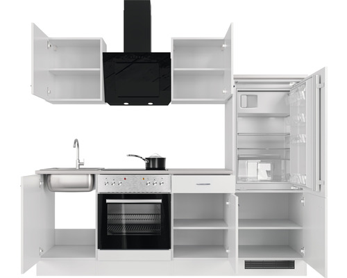 Kompletná kuchyňa s drezom, varnou doskou, rúrou, digestorom, chladničkou a skrinkami