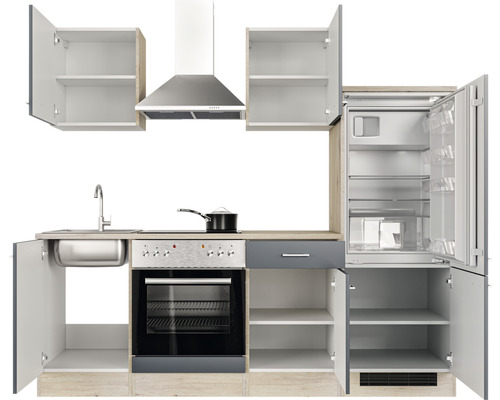 Kompletná kuchyňa s drezom, varnou doskou, rúrou, chladničkou a odsávačom pár.
