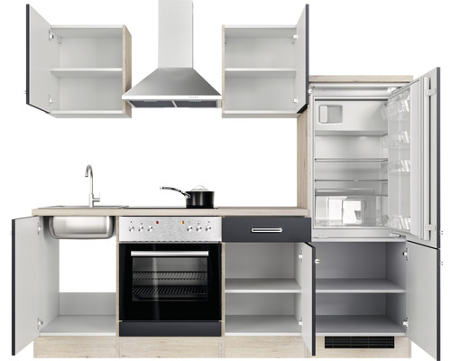 Kuchynská linka s drezom, sporákom, rúrou, digestorom, chladničkou a otvorenými dvierkami skriniek