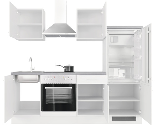 Kompletná kuchynská linka s drezom, sporákom, odsávačom pár a chladničkou s otvorenými dverami.