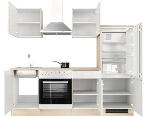 Kompletná kuchynská linka s drezom, varnou doskou, rúrou, chladničkou a digestorom