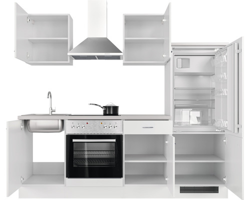 Kompaktná kuchynská linka s drezom, sporákom, rúrou, digestorom, chladničkou a hornými skrinkami