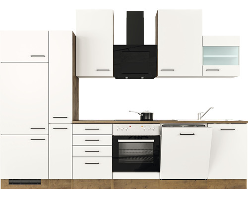 Kompletná kuchyňa s bielymi skrinkami, digestorom a spotrebičmi