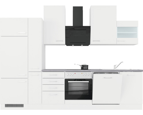 Kompletná biela vstavaná kuchyňa s elektrickými spotrebičmi, odsávačom pár a drezom.