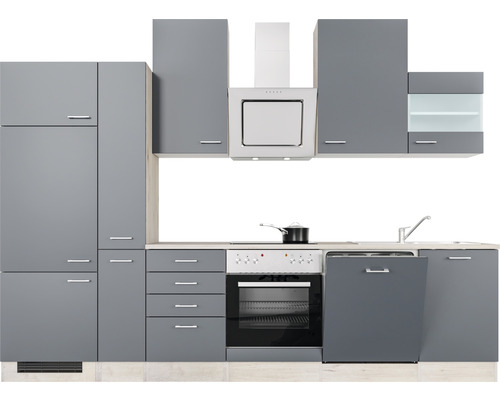 Sivá kuchynská linka s hornými skrinkami, digestorom a vstavanými spotrebičmi