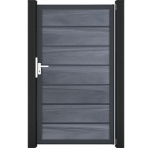 Sivá záhradná bránka s vodorovnou výplňou a rukoväťou