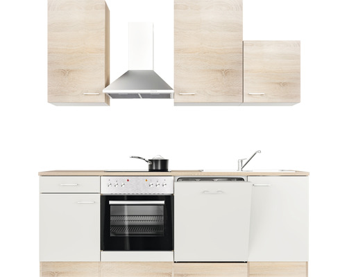 Kuchynská linka so závesnými skrinkami, digestorom, sporákom, drezom a umývačkou riadu