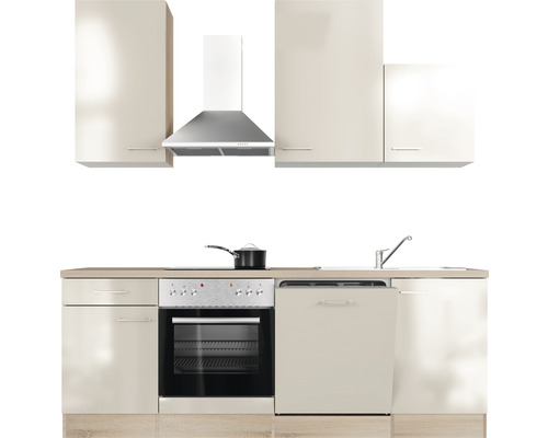 Vstavaná kuchyňa s hornými skrinkami, digestorom, drezom, sporákom a umývačkou riadu.