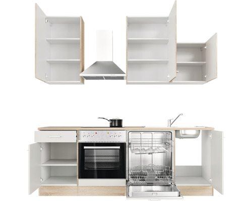 Kuchynská linka s drezom, umývačkou riadu, sporákom, rúrou, digestorom a hornými skrinkami