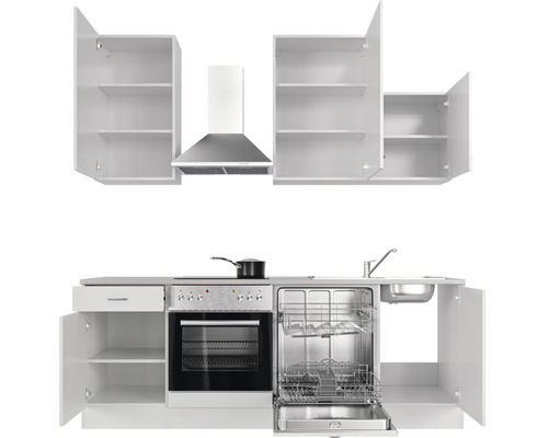 Kompletná kuchynská linka so závesnými skrinkami, digestorom, drezom, sporákom, rúrou a umývačkou riadu.