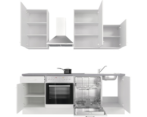 Kuchynská linka s drezom, sporákom, rúrou, digestorom, umývačkou riadu a otvorenými skrinkami
