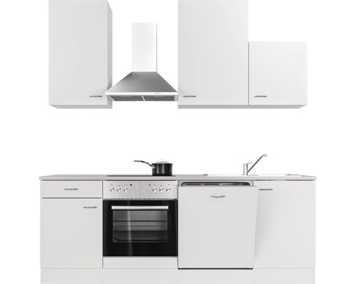 Kuchynská linka s hornými a dolnými skrinkami, digestorom, drezom, sporákom a umývačkou riadu.