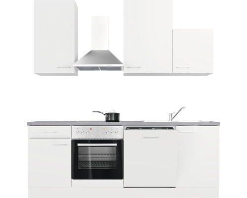 Biela vstavaná kuchyňa s drezom, umývačkou riadu, sporákom, rúrou a digestorom.