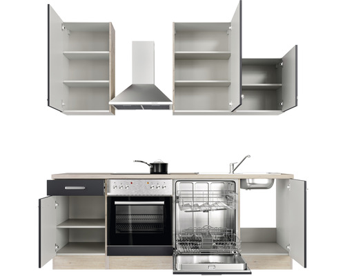 Kuchynská linka s drezom, umývačkou riadu, sporákom, digestorom a skrinkami