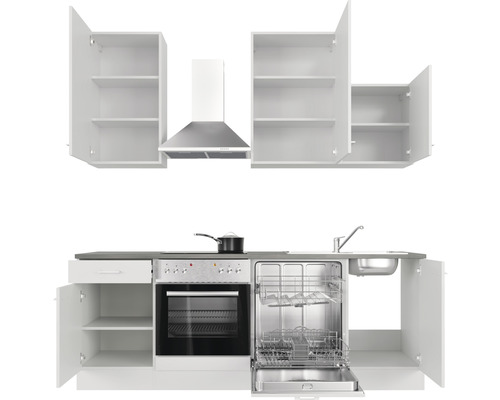 Kuchynská linka s drezom, umývačkou riadu, sporákom, digestorom a hornými skrinkami