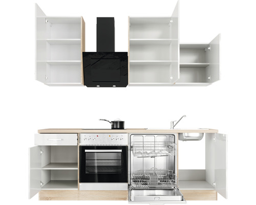 Kuchynská linka s drezom, umývačkou riadu, sporákom, rúrou, digestorom a skrinkami