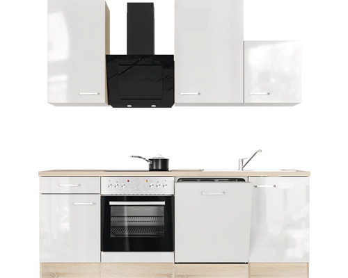 Kompletná kuchyňa s hornými skrinkami, digestorom, drezom, sporákom a umývačkou riadu.