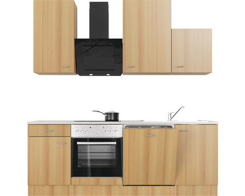 Kuchynská linka s hornými skrinkami, digestorom, drezom, sporákom, rúrou a umývačkou riadu