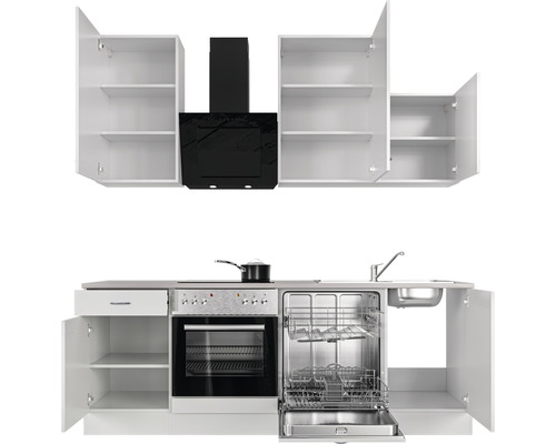 Kompletná kuchynská linka so závesnými skrinkami, digestorom, drezom, varnou doskou, rúrou a umývačkou riadu