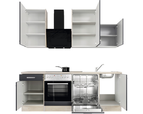 Kuchynská linka s drezom, umývačkou riadu, sporákom, digestorom a hornými skrinkami