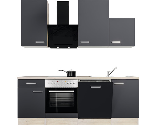 Kompletná kuchynská linka s drezom, sporákom, rúrou, umývačkou riadu, digestorom a hornými skrinkami v tmavom prevedení