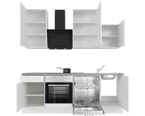 Kuchynská linka s drezom, umývačkou riadu, sporákom, rúrou, digestorom a skrinkami