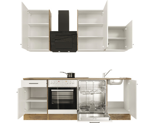 Kuchynská linka s drezom, umývačkou riadu, sporákom a digestorom