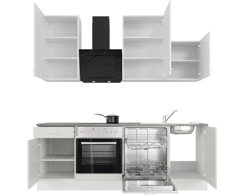 Kuchynská linka so závesnými skrinkami, digestorom, sporákom, drezom a umývačkou riadu