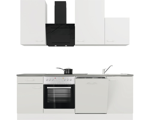 Kuchynská linka so závesnými skrinkami, digestorom, drezom, sporákom, rúrou a umývačkou riadu.