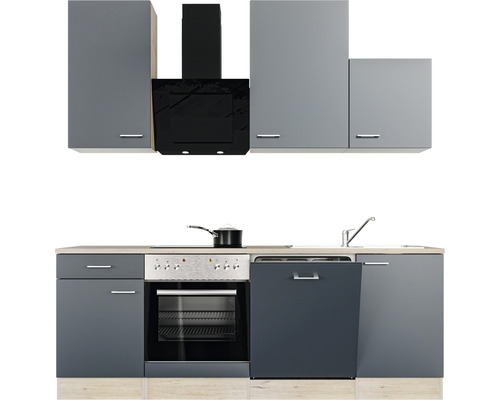 Kuchynská linka so závesnými skrinkami, digestorom, drezom, umývačkou riadu a sporákom