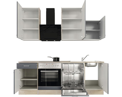 Kuchynská linka s hornými skrinkami, digestorom, sporákom, umývačkou riadu a drezom