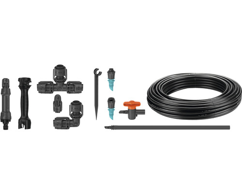 Zavlažovacia súprava s hadicou, spojkami a zemnými hrotmi na zavlažovanie záhrady