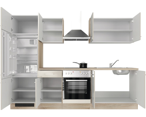 Kuchynská linka s chladničkou, sporákom, drezom a digestorom