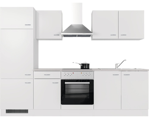 Kompletná biela kuchynská linka s drezom, sporákom, rúrou, digestorom a skrinkami