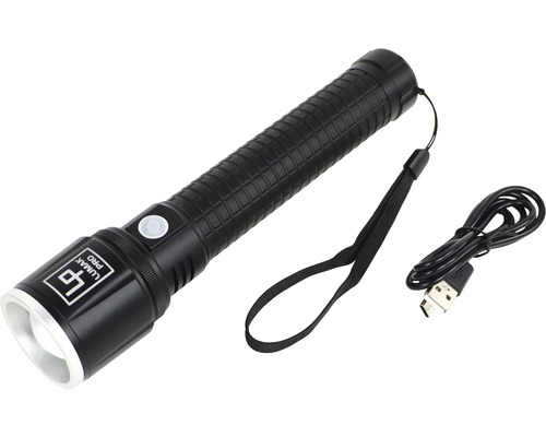 Čierna baterka Lumak Pro s pútkom na ruku a nabíjacím káblom