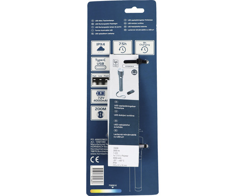 LED akumulátorové svietidlo v balení s krytím IPX4, USB konektorom typu C, 7,2 V, 4000 mAh a funkciou zoom